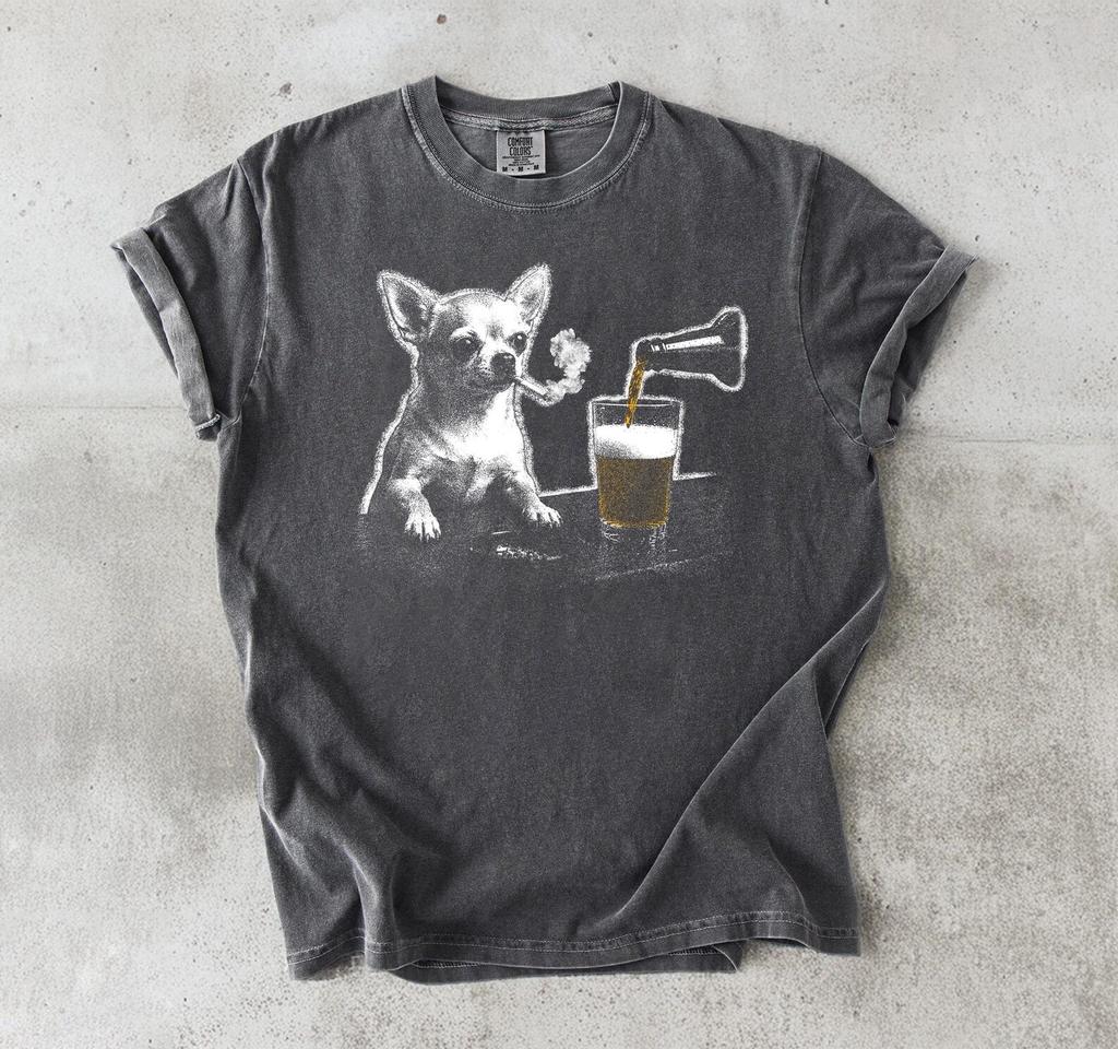 Comfort Colors Chihuahua Drinking Beer Shirt, Funny Animal Graphic Tee, Silly Sarcastic Chihuahua Novelty Meme Tee, Dog Lover Gift