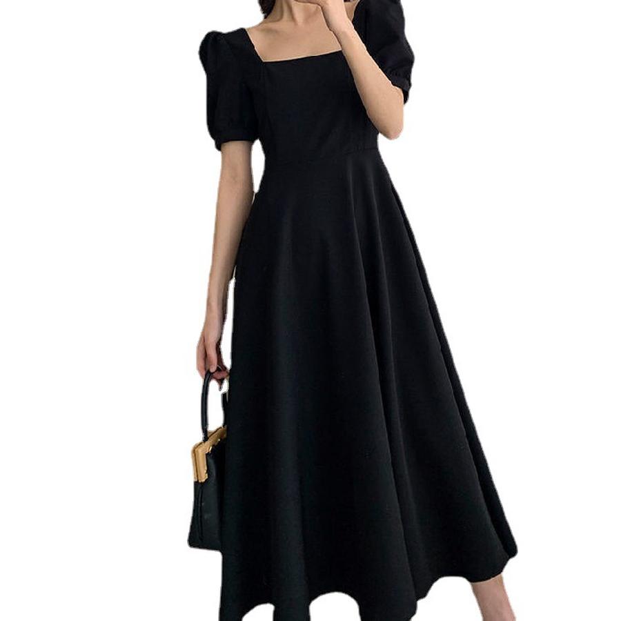 Summer New Ins Tea Break Dress, Temperament One-Shoulder Knee-Length Hepburn Style Black Dress for Plus Size Women