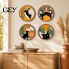 Cat Wall Decoration 4Pcs 3D Boho Decoration, Round Wooden Hangings, Animal Star Sun Moon Retro Orange Botanical Decor, Layered Wood Plaque for Living