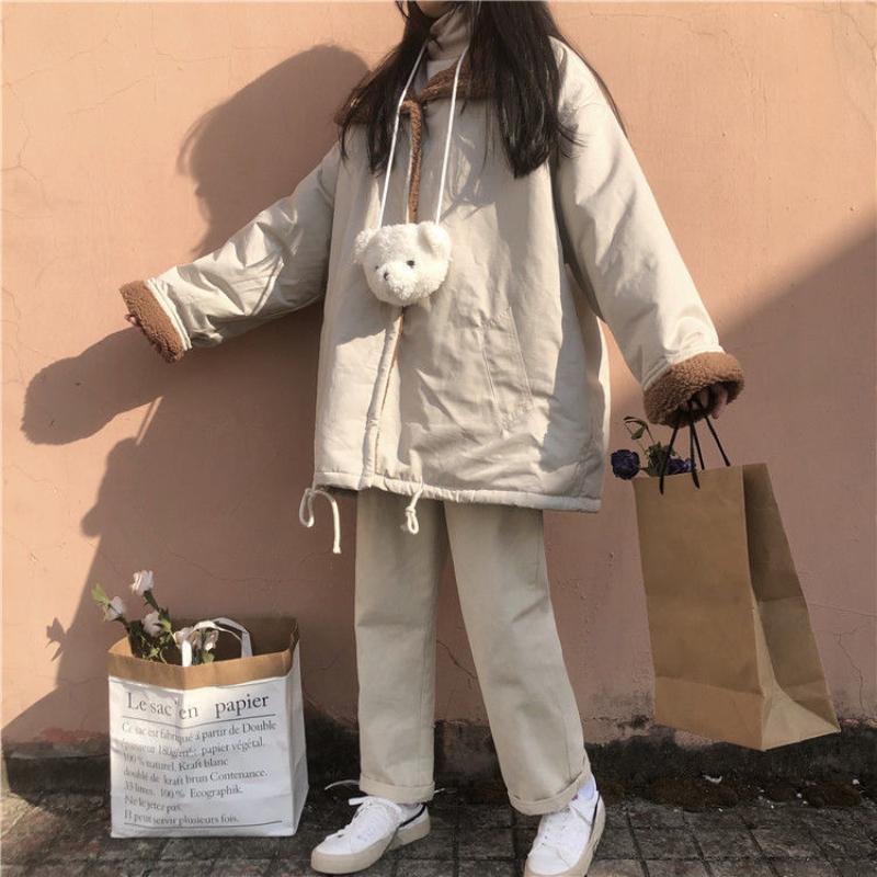 Winter Korean Sweet Warm Lamb Wool Coat Women Chic Cute Two Sided Wear Patchwork Thick Clothes College Style Casual Fashion Outerwear