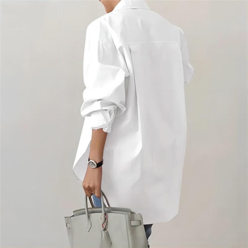Elegant Women Long Sleeved Shirt 2026 Fashionable Women's Spring and Autumn Solid Color Split Hem Loose OL Work Shirt White