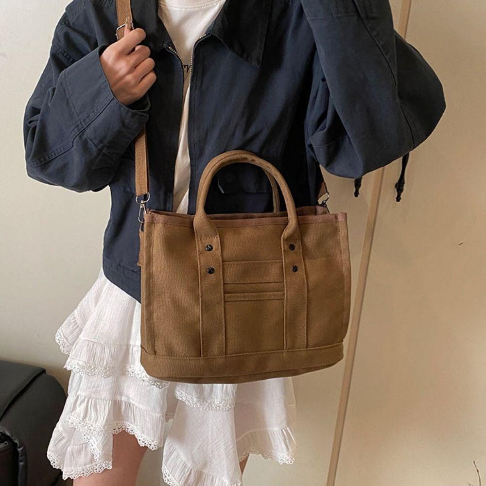 Handbag Canvas Shoulder Bag Zipper Solid Color Tote Bag Japanese Style Crossbody Bag Streetwear