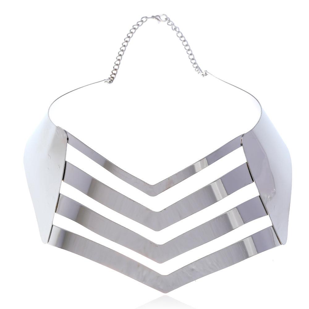 Solid Fashionable Color V Shaped Hollow Design Women Metal Collar Necklace