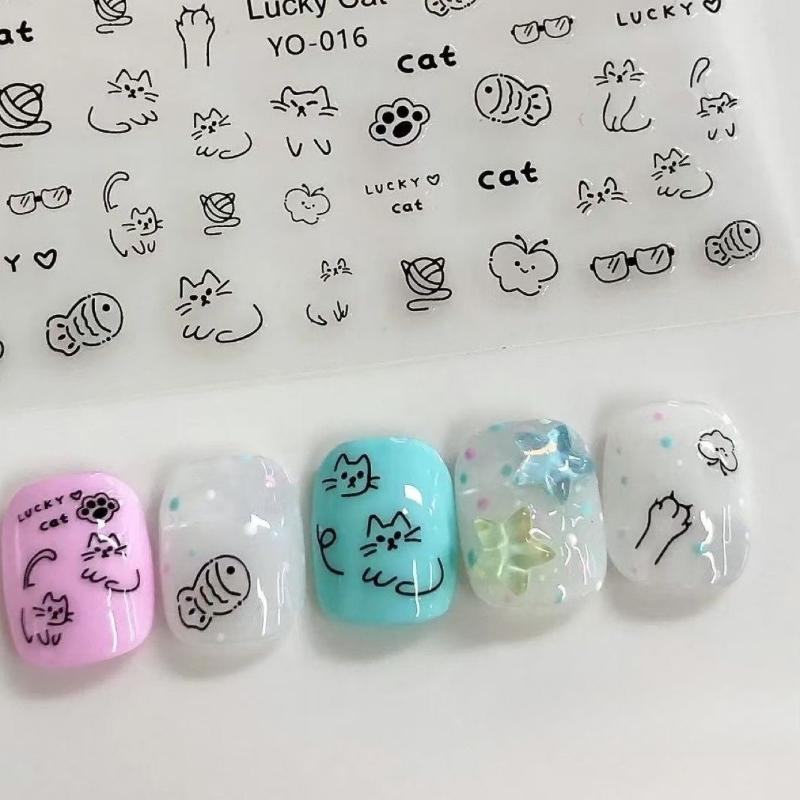 

Cute Cat Dog Hand-painted Nail Stickers Kitten s Paw Small Pattern Childlike English Graffiti Decal Nail Decoration