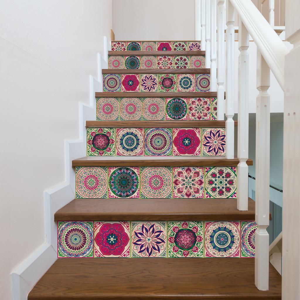 24pcs/Set Decorative Wall Stickers Mandala Flower Tile Stickers PVC Self-Adhesive for Kitchen Living Room Vintage Home Decor Wall Decal