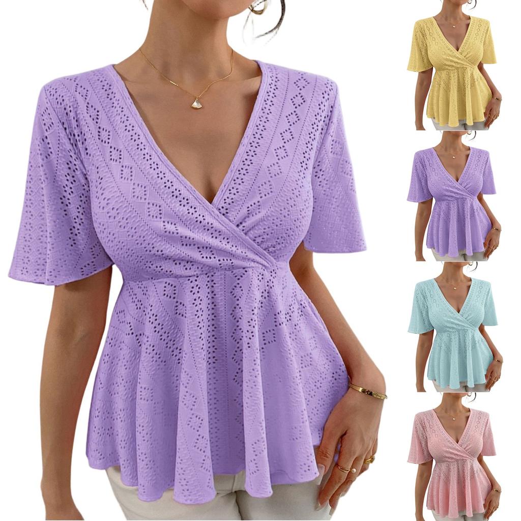 Women's Fashionable Casual  Solid Color V-Neck T-Shirt With Hollowed Out V-Neck Top