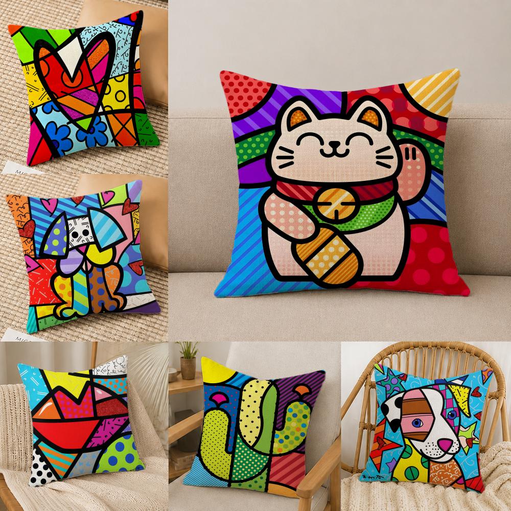 Artist Romero Britto Cushion Cover Natural Linen Pillowcase Set AllinOne Decor for Sofa Bedroom Chair