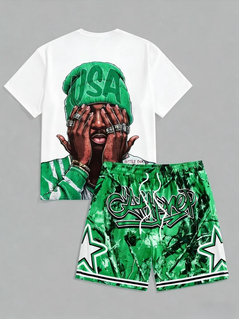 Men's Summer Fashion Figure Letter Print Micro Elastic Breathable Round Neck T-shirt Drawstring Shorts Set Outdoor Streetwear