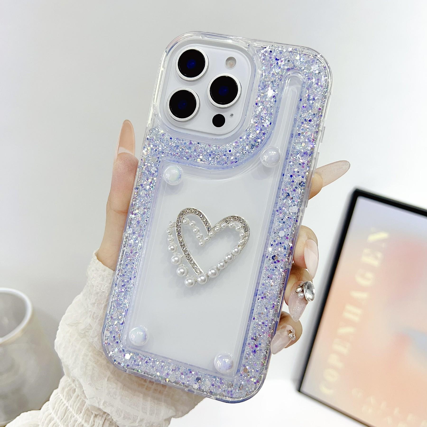 For iPhone 16 Pro Case with Pearl/Dual Heart Decor Glitter Rhinestone Epoxy Design TPU Phone Cover E