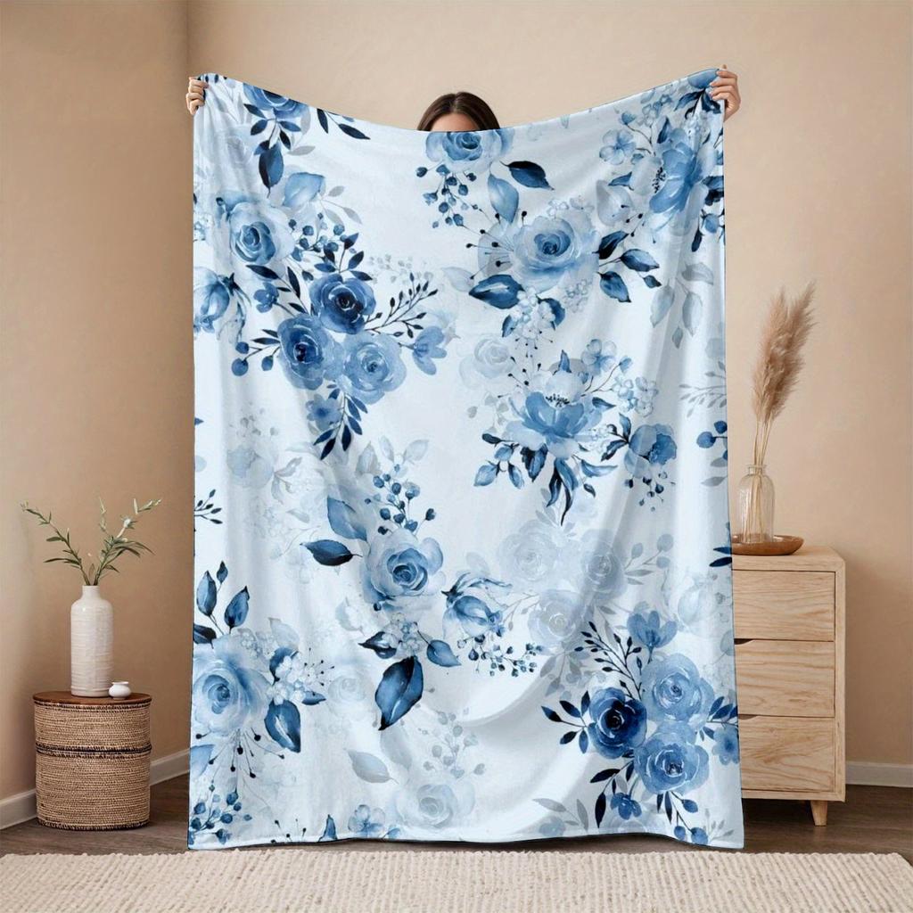 1pc Extra Large Flannel Blanket - Heavyweight All-Season Soft Warm Throw - Blue Floral Bedspread, Sofa Cover, Car & Outdo