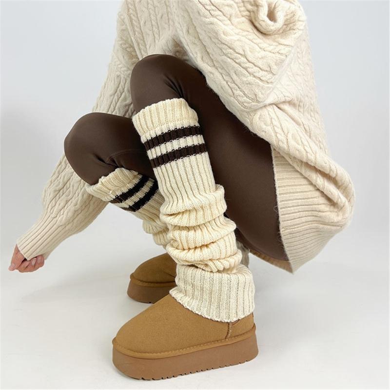Women Thicken Ribbed Knit Leg Warmer Preppy Style Double Striped Leg Covers Snow Boot Cuffs Over Knee Stacked Long Socks