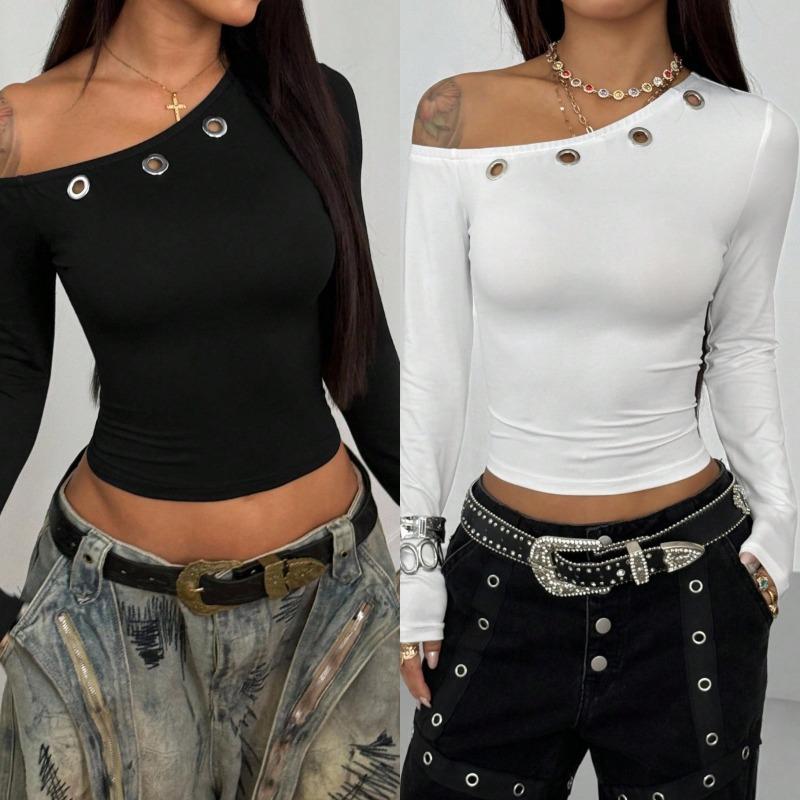 Top Asimmetrico con Spalle Scoperte da Donna a Maniche Lunghe Temperamentale Tinta Unita Slim Pullover T-shirt Corta