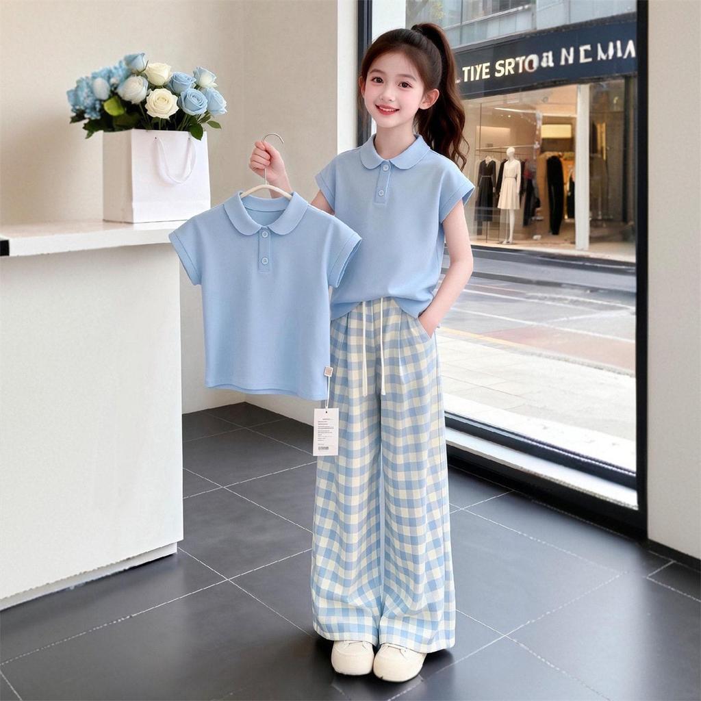 Girls' Fresh Summer Polo Set: Stylish Short-Sleeved Top & Casual Plaid Long Pants Two-Piece