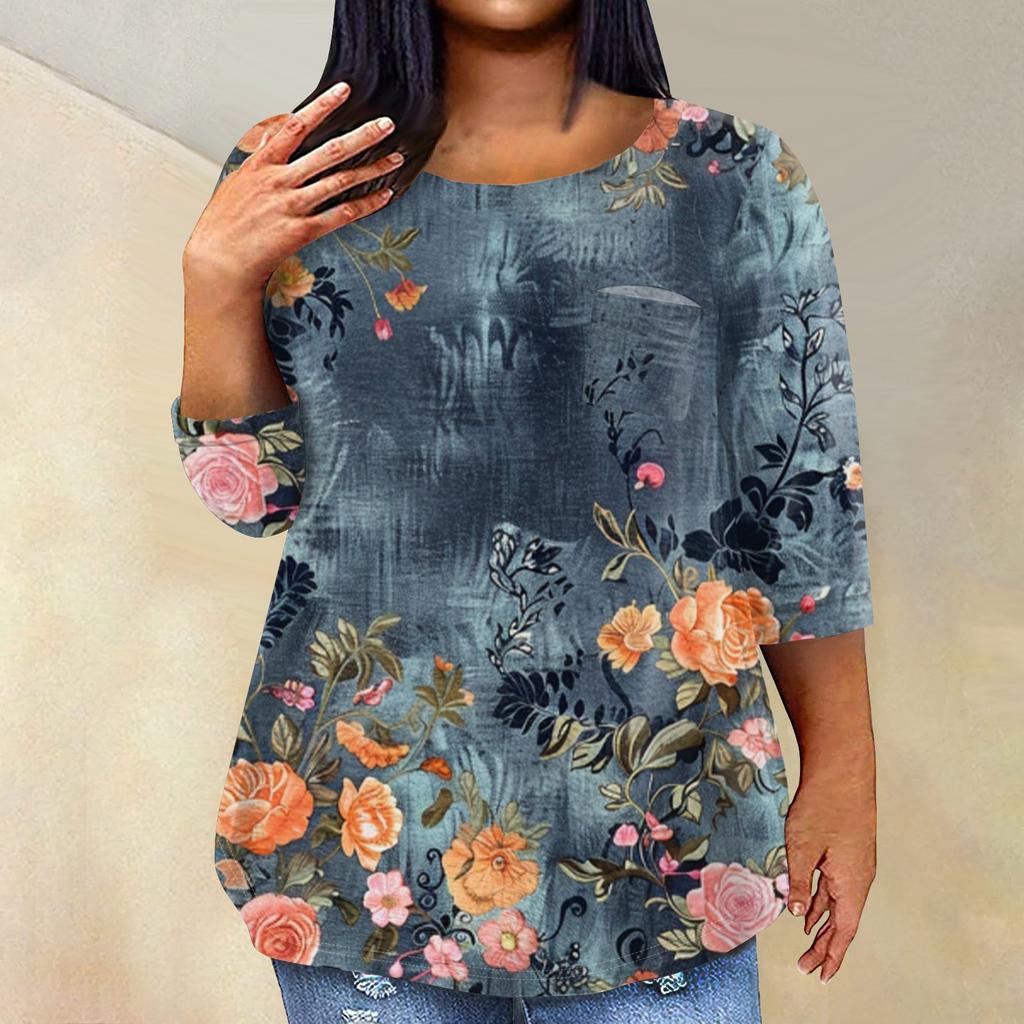 Women's Fashionable Casual Three Quarter Sleeve Printed Round Neck Pullover Top