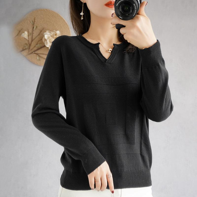 

Свитер с V-образным вырезом из хлопковой нити с длинным рукавом для женщин на весну и осень, новый свободный облегающий пуловер, однотонная базовая футболка-топ XXL