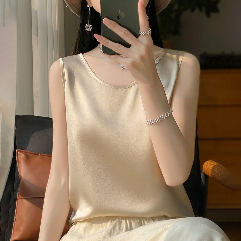 

Women s Ice Silk Camisole: Summer Round Neck, Satin Loose Fit, Belly Covering, Perfect for Layering with Suits S (90-105 lbs)