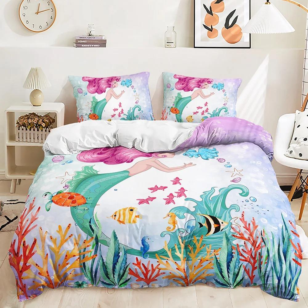 Cartoon Mermaid Bedding Set Comfortable Duvet Quilt Cover Pillowcase Bedding Set Children Bedroom Decoration Home Textile