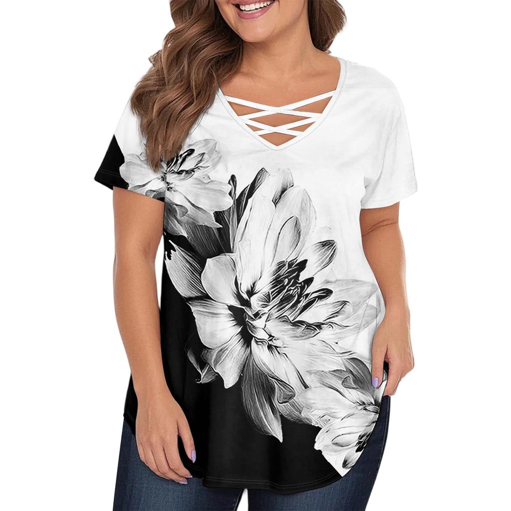 Women's Fashion Casual Printed V-Neck Short Sleeve Large Size T-Shirt Top