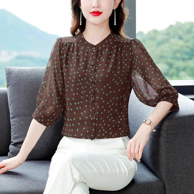

Women Brown Floral Print Blouse 3/4 Sleeve V Neck Casual Chiffon Shirt M коричневый