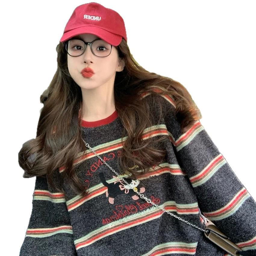 Korean Striped Long-Sleeve Retro T-Shirt for Women - New 2025 Spring/Autumn Collection