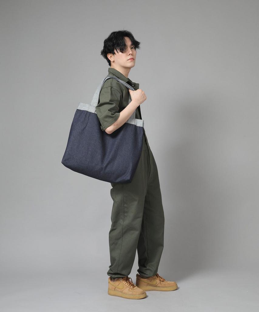 Saintcrew Button-Open Oversized Shoulder Bag Bob-117 Denim Indigo Brs