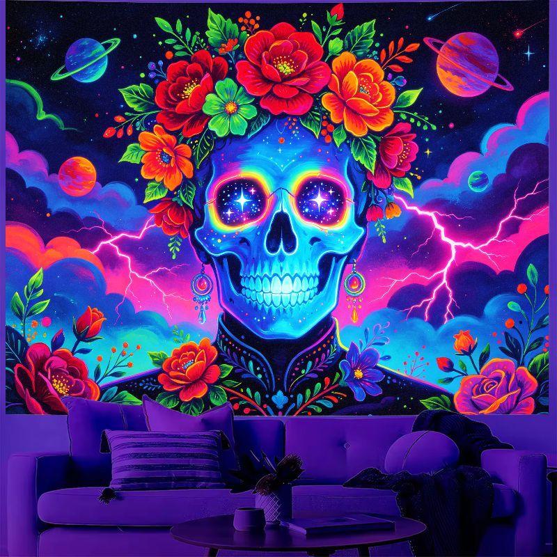 Neon Skull Wall Tapestry Day of the Dead Sugar Skull Polyester Tapestry Wall Hanging Halloween Gothic Bedroom Decor 100X70CM