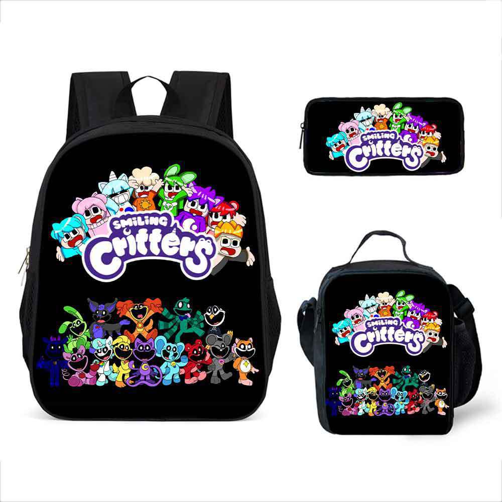 Smiling Critters Cartoon Backpack Shoulder Bag Pencil Case 3-Piece Set, Kids School Bookbag