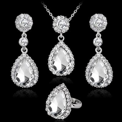 Women Fashion Rhinestones Inlaid Waterdrop Necklace Ring Earrings Jewelry Set