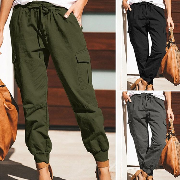 Damen Frühling Einfarbig Mittelhoch Taille Arbeitshose Lässig zum Schnüren Leicht Elastische Hose