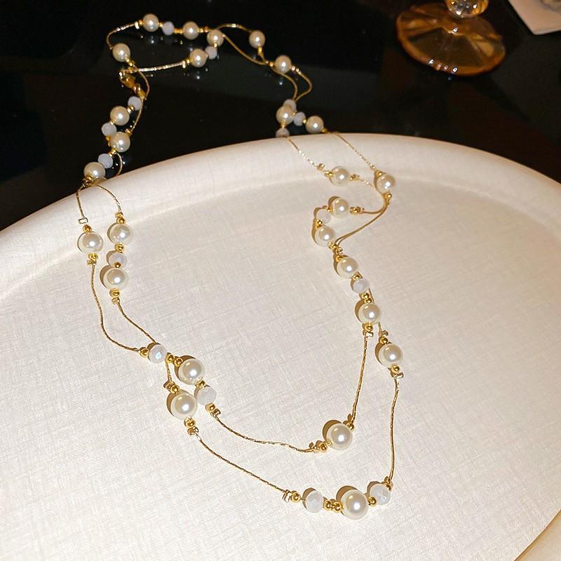 Diamond Water Drop Pearl Beaded Necklace Autumn and Winter French Light Luxury Sweater Chain Fashionable Versatile High-end Jewelry