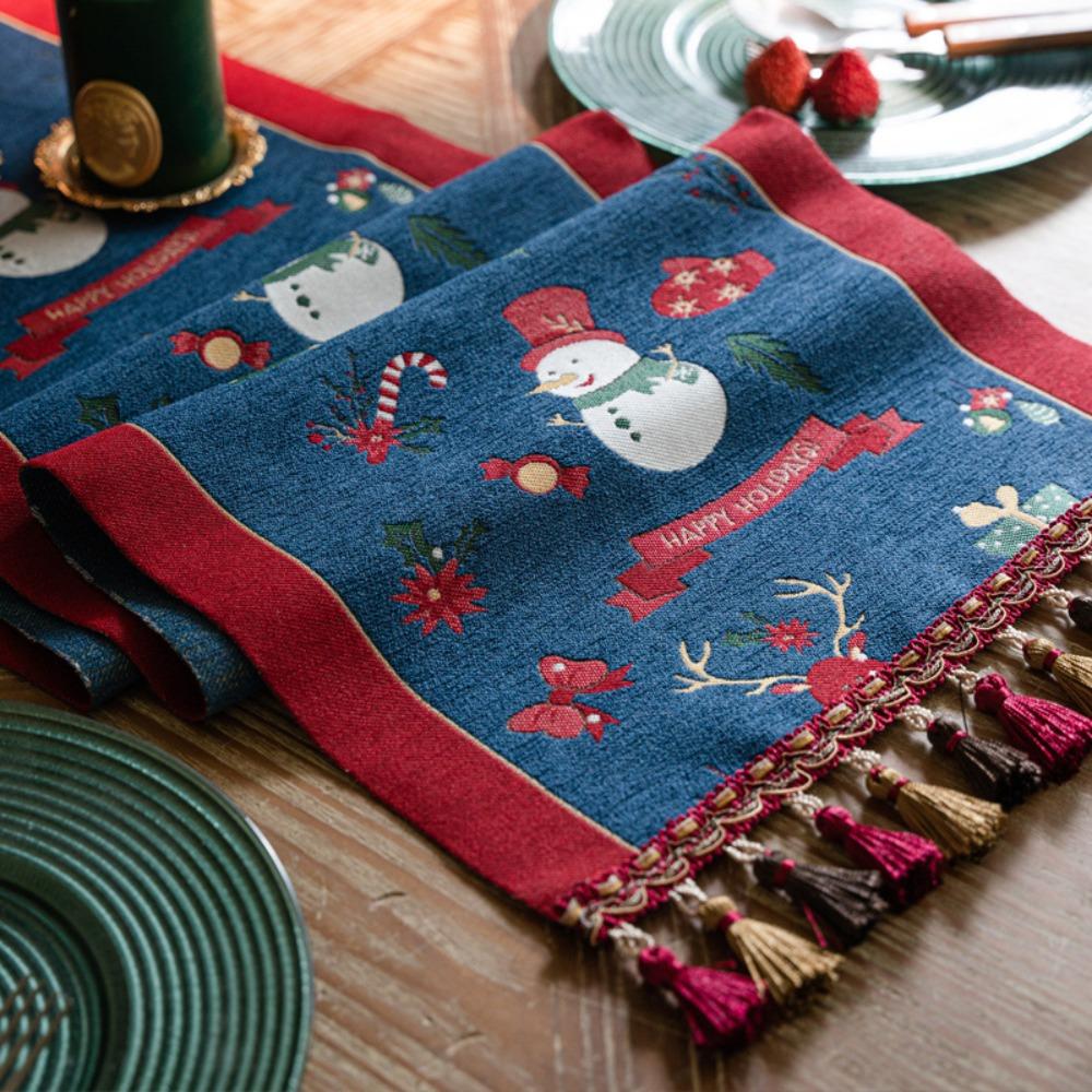 Christmas Table Runner Snowman Blue Decor Long Dining Table Cloth for Holiday Decoration