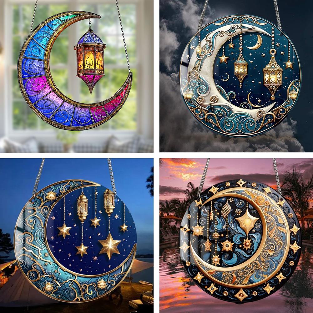 1PCS Retro Colored Disc Hanging Decoration 2D Acrylic Pendant Stained Window And Ornament Moon Hanging Sun Suncatcher W2R2