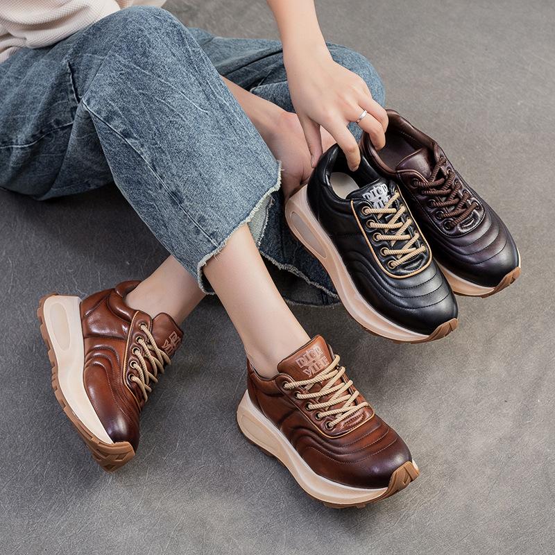 Fashion GKTINOO Lace-up Sports Women's Flat Shoes Genuine Leather Sneakers Height Increasing Handmade Comfortable Platform Sneakers