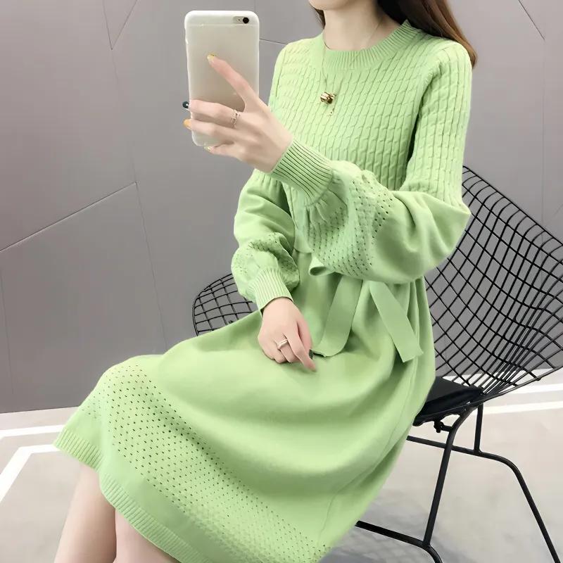 Women Autumn and Winter Long Sleeve Sweater Dress Solid Color O-Neck Lantern Sleeve Elegant Knitted Dresses