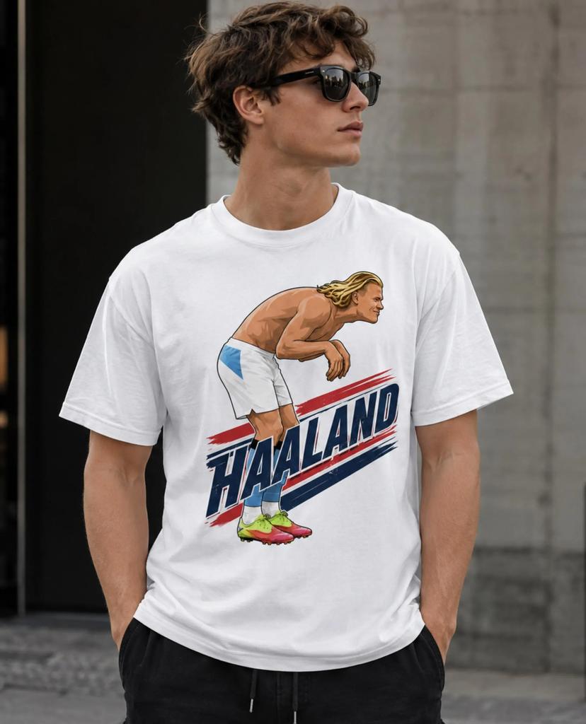 Maglietta Stampata con Motivo Calcistico Erling Haaland in Stile Cartone Animato, Top Casual Traspirante in Cotone a Manica Corta per Tifosi di Calcio