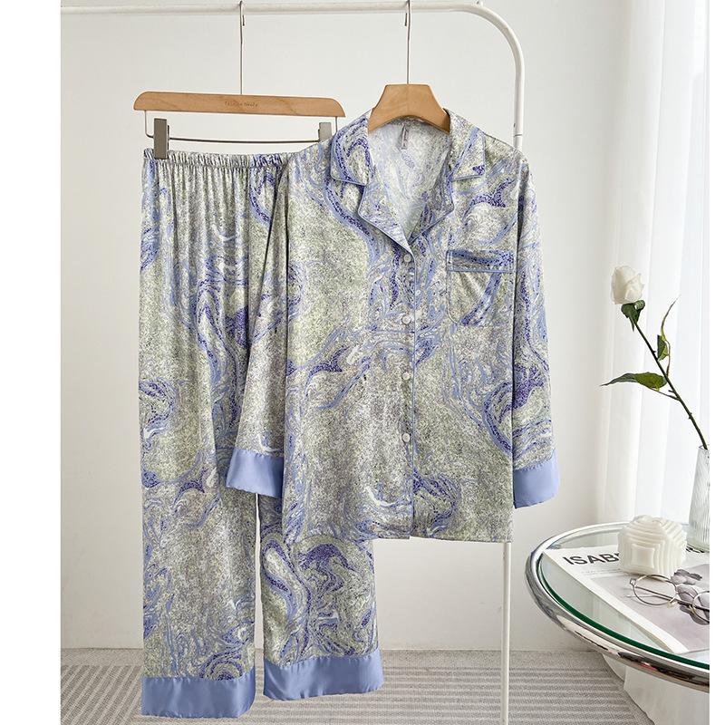 Autumn Women Ice Silk Fashion Printing  Pajama Lapel Button Cardigan Outfits for Women 2 Piece Set  Set Clothes for Women