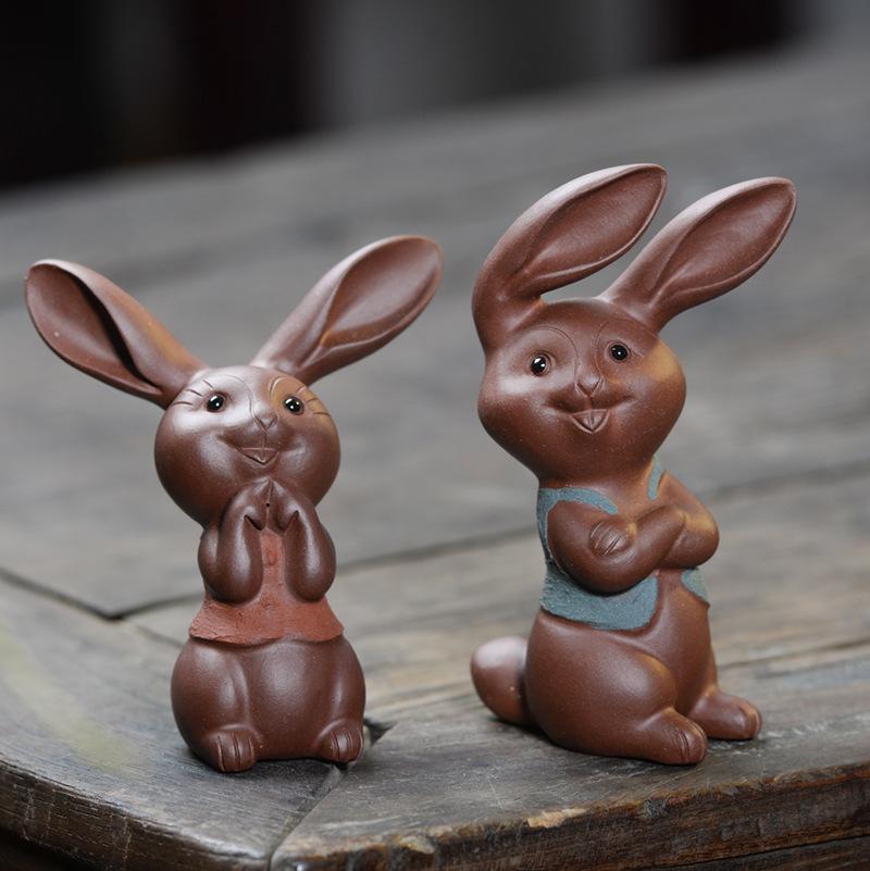 Yixing Purple Clay Tea Pet Rabbit Ornaments Handmade Mud Painted Animal Sculpture Tea Set Decoration Desktop Decore Crafts