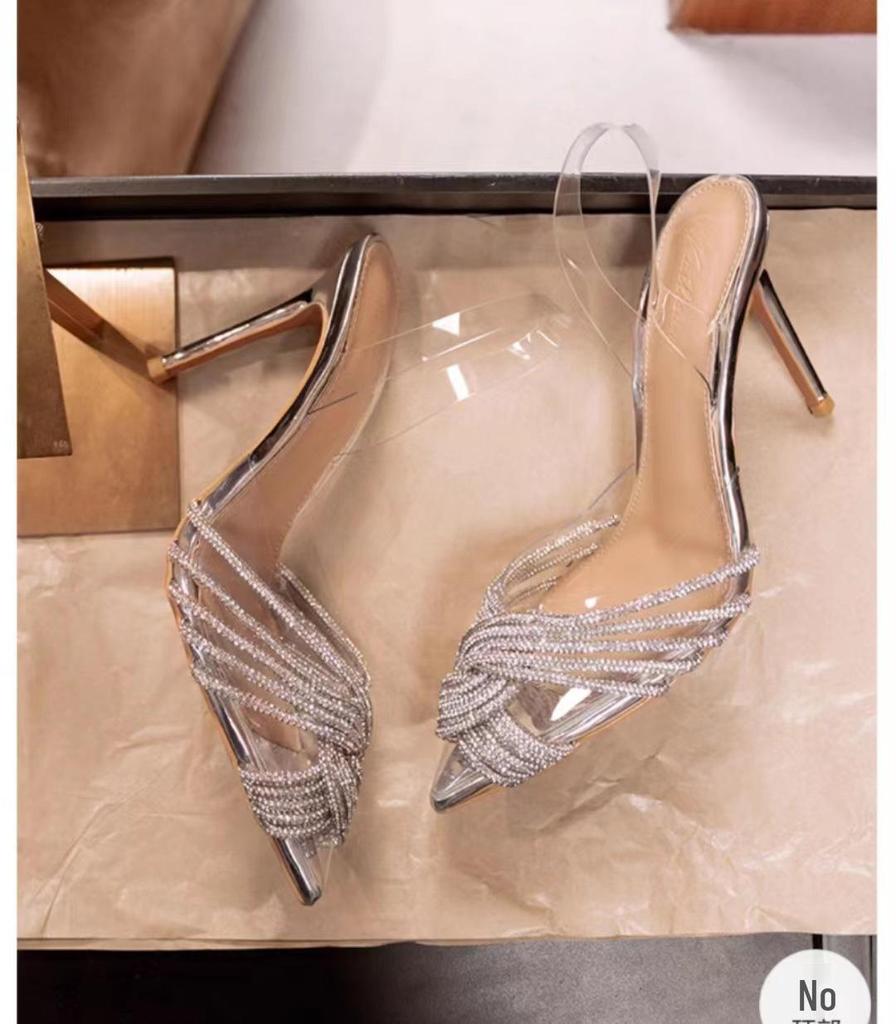 Peep-Toe Rhinestone Cross PVC High Heels - Transparent, Sweet Party/Wedding Shoes, Spring/Summer 2024
