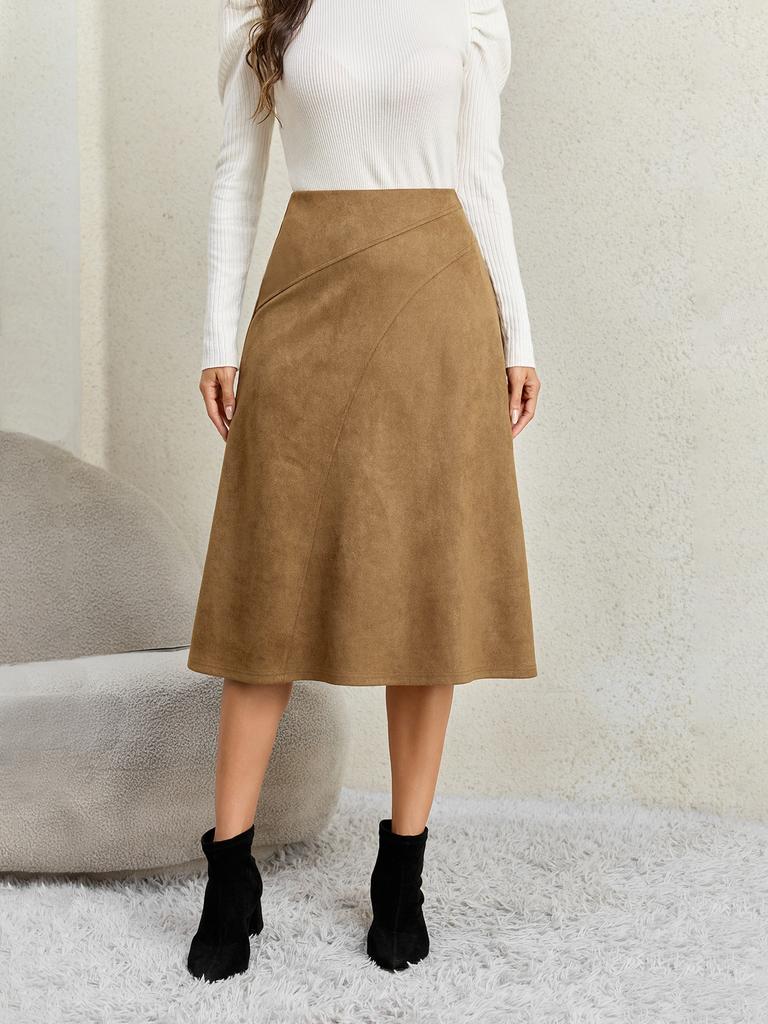 Damen Unifarbener Patchwork Wildleder Reißverschluss Rock Hohe Taille Schnalle Umwickelte Hüfte Kurzer Rock Mittellanger Rock