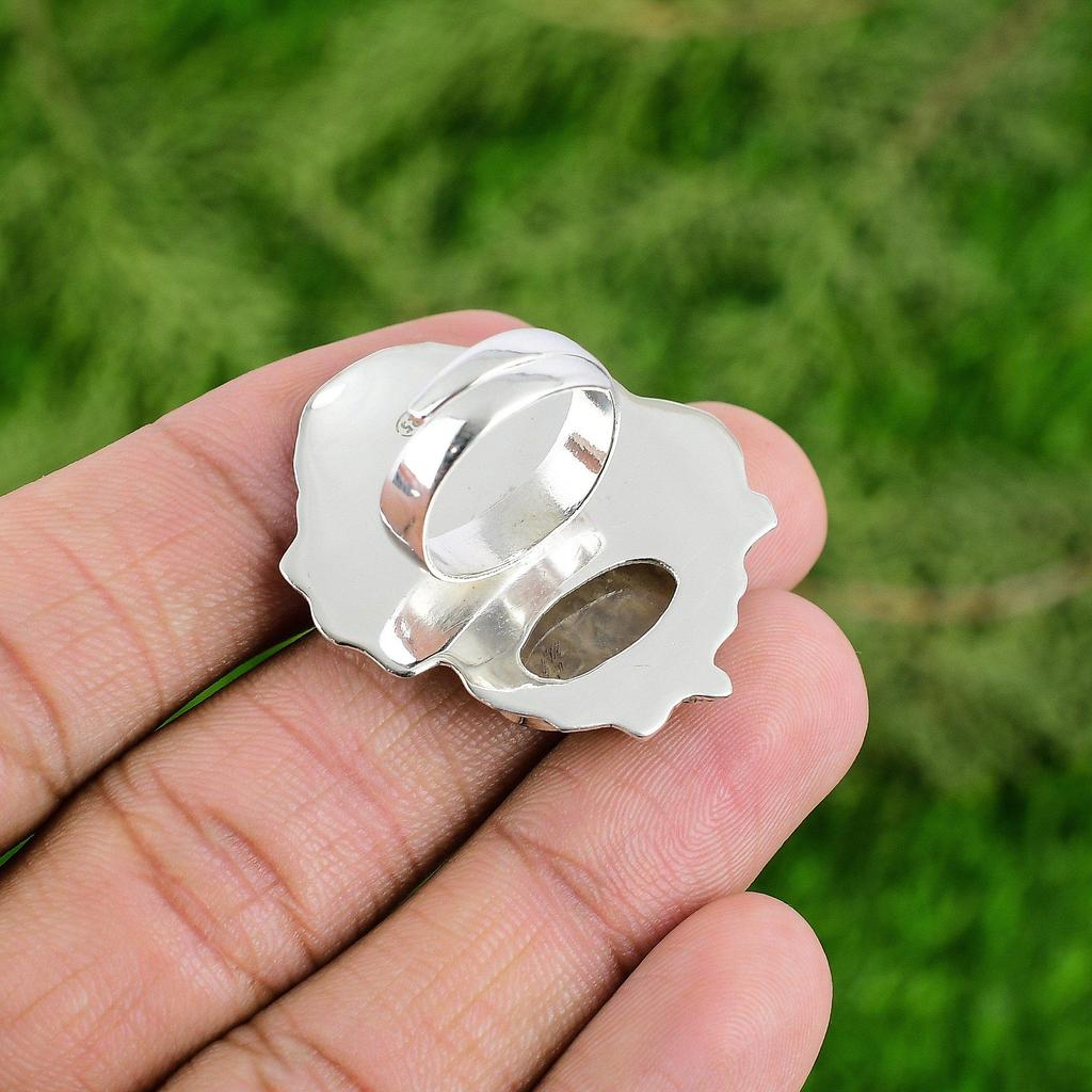 Mothers day Sale Oval Plume Agate Stone Sterling Silver Anniversary New Ring