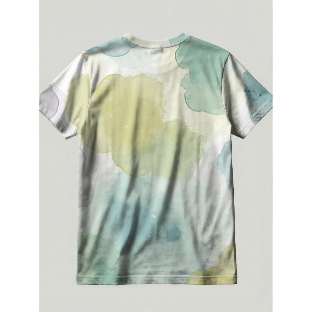 Women's loose round neck T-shirt in soft watercolor abstract print in pastel tones