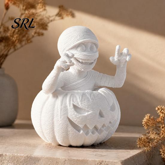 Einzigartiges Tischdisplay-Stück 3D-gedruckte Kürbisjunge-Figur, Unbemalte weiße DIY-Statue, Kreative Halloween-Party-Dekoration Mumien-Skulptur,