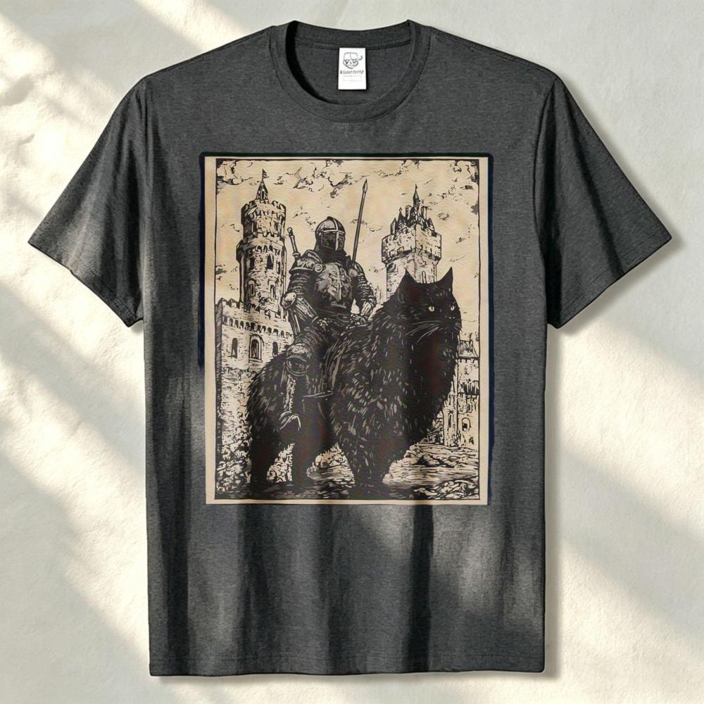 Vintage Medieval Knight Riding Giant Wolf Castle Retro Distressed Graphic T Shirt Unisex Cotton Tee Dark Fantasy Gothic Casual