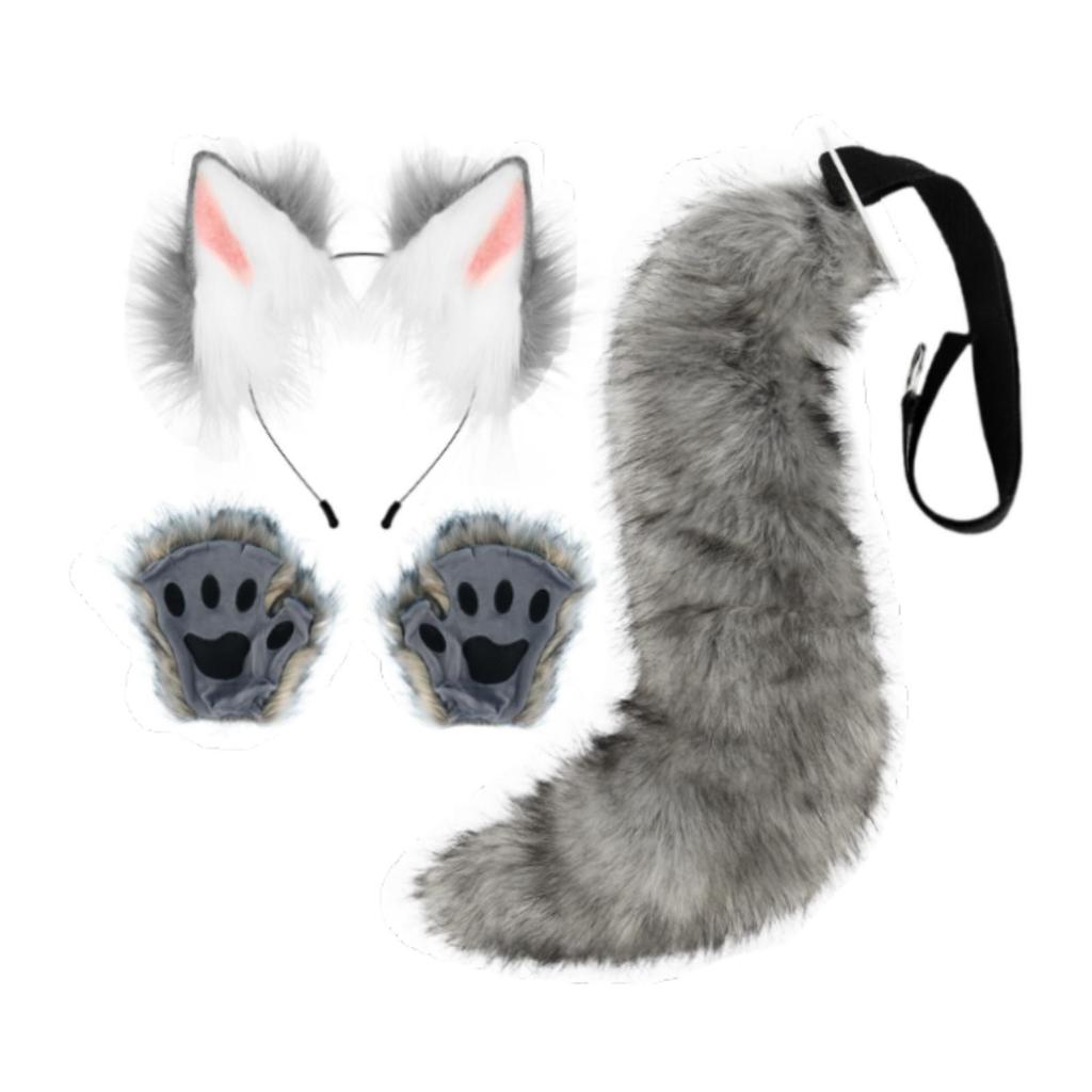Faux Ears and Tail Set Ear Headband Costume Cosplay Animals Ears and Tail for Mardi Gras Kids Adults Stage Shows Carnival Easter