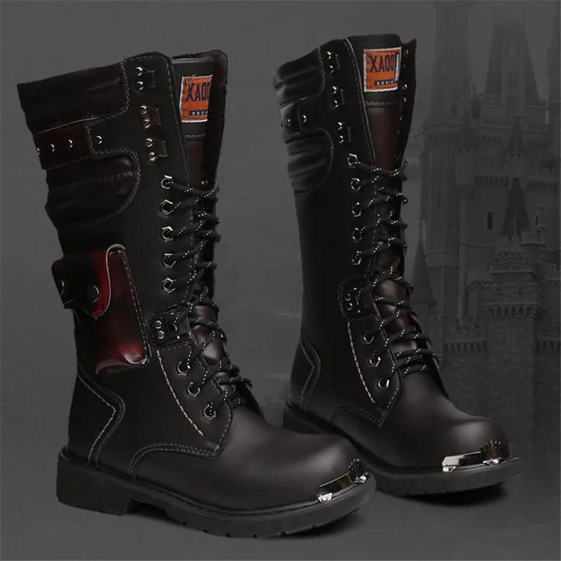 Fashion Size 37 46 Men's Leather Motorcycle Boots Mid-calf Military Combat Boots Gothic Belt Punk Boots Men Shoes Tactical Army Boot