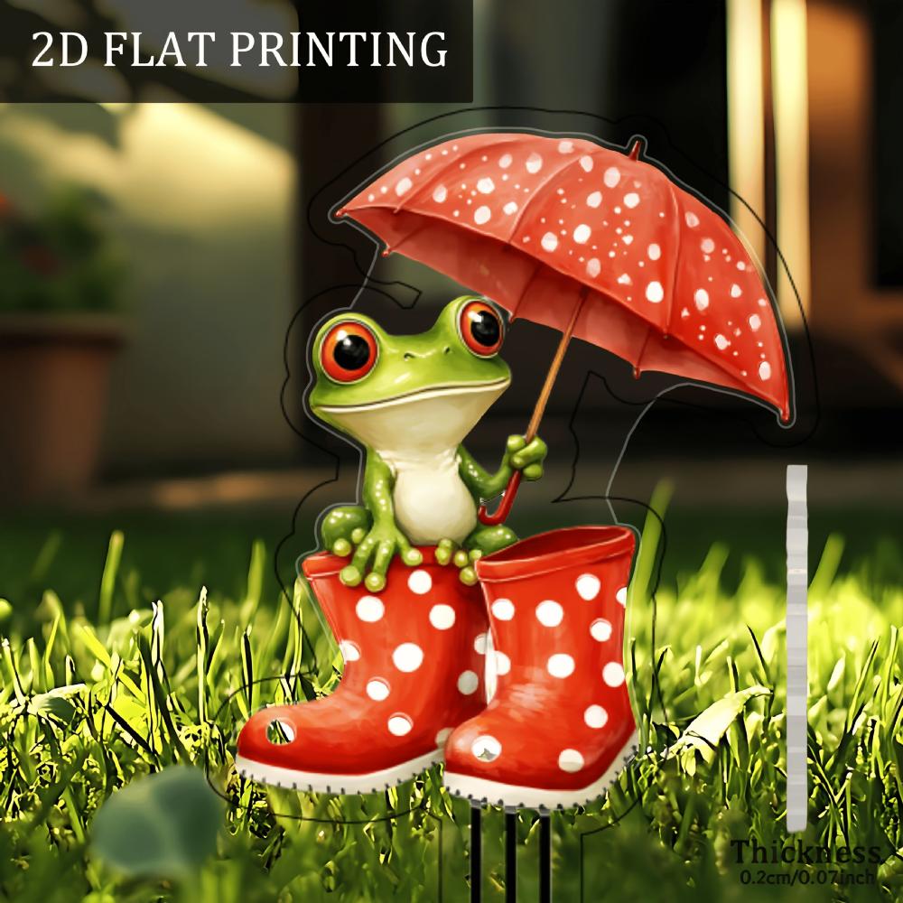Niedlicher Frosch mit rotem Regenschirm, 2D flaches Acryl, Dekoration, geeignet für Garten, Blumentopf, Geschenk, Weihnachten, Halloween