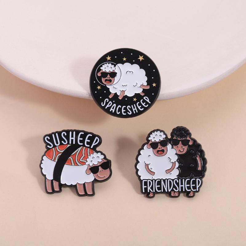 Cartoon Fluffy Sheep Enamel Pin Funny Pun Friendsheep Astronaut Spacesheep Susheep Brooch Lapel Badge Jewelry Gifts for Friends