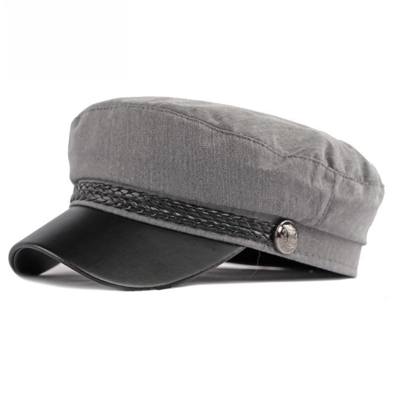 Women's PU Leather Visor Military Cap Sailor Hat Flat Top Marine Cap Preppy Style Retro Baker Boy Cap Braided Rope Casual