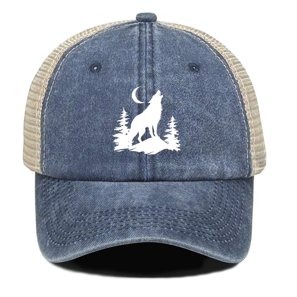 Howling Wolf Snapback Mesh Cap Forest Wolf Trucker Cap Solid Color Non-Stretch Fabric Adjustable Baseball Hat For Women & Men