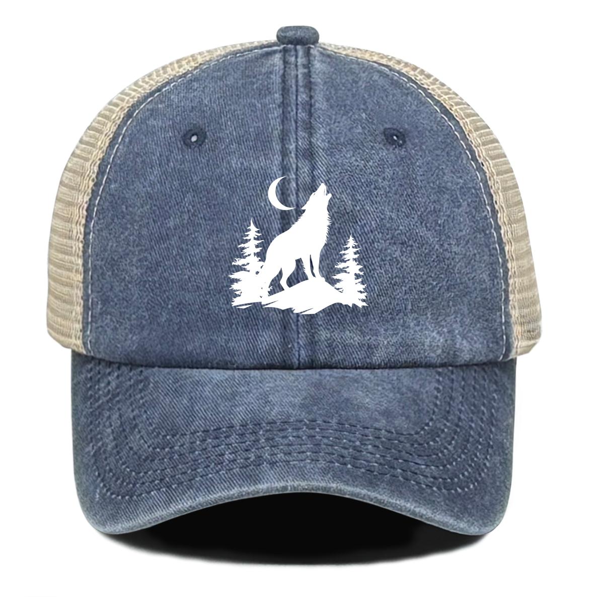 Howling Wolf Snapback Mesh Cap Forest Wolf Trucker Cap Solid Color Non-Stretch Fabric Adjustable Baseball Hat For Women & Men